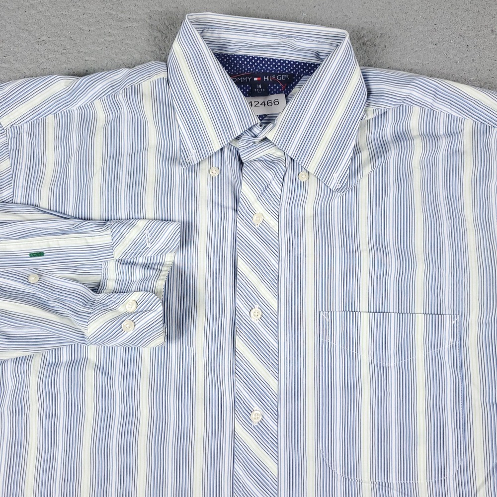 Tommy Hilfiger Mens 16 32-33 Blue Striped Dress Button Up Shirt Long Sleeve